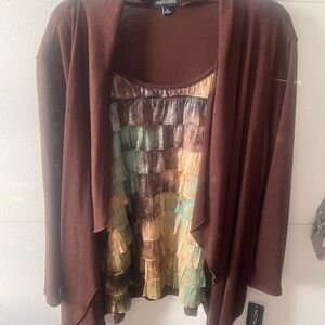 Notations Brown and Multicolor Layered Cardigan with built in shirt